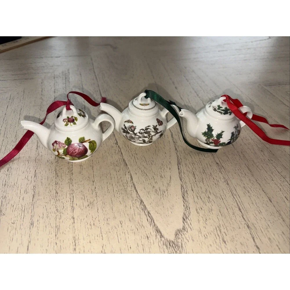 3 Portmeirion Pomona Mini Teapot Ornaments Morning Apple & Dog Rose, Ivy/Holly